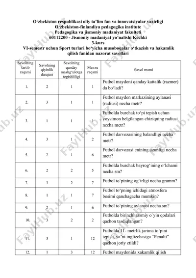 sport turlari bo‘yicha musoboqalar o‘tkazish va hakamlik qilish fanidan nazorat savollari — DOCX