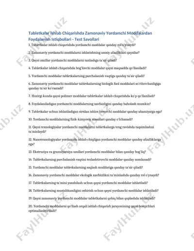 tabletkalar ishlab chiqarishda zamonaviy yordamchi moddalardan foydalanish istiqbollari - test savollari — DOCX