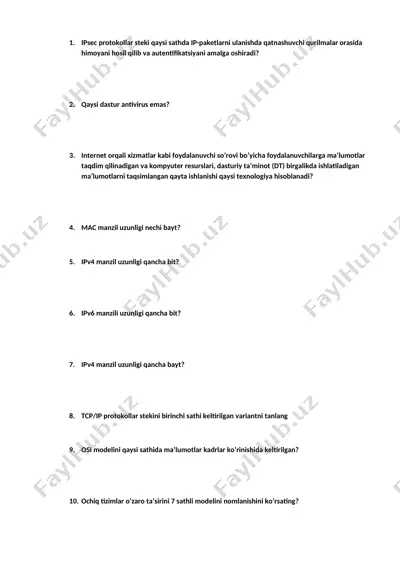 tarmoq texnologiyalari haqida test savollari — DOCX
