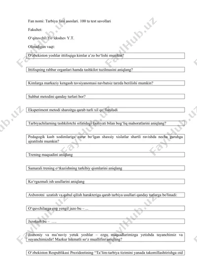 tarbiya fani asoslari. 100 ta test savollari — DOCX