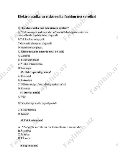 elektrotexnika va elektronika fanidan test savollari — DOC