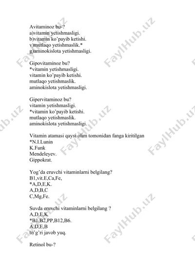 vitaminlar haqida test savollari — DOC