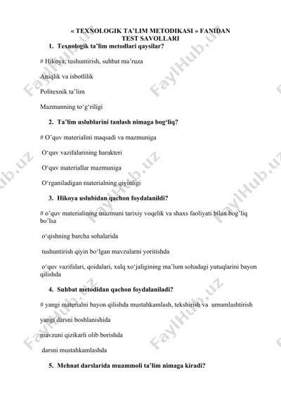 texnologik ta’lim metodikasi test savollari — DOCX