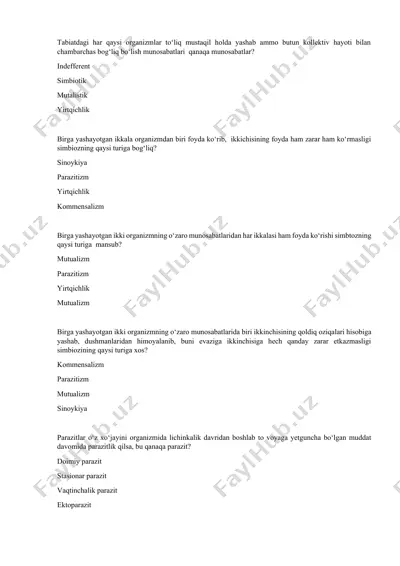 organizmning o‘zaro munosabatlari — DOCX