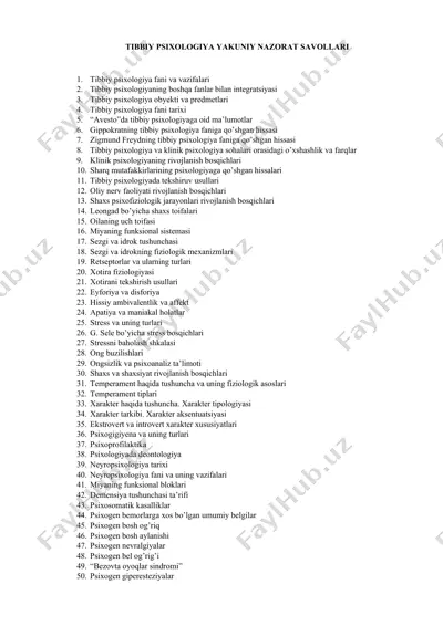 tibbiy psixologiya yakuniy nazorat savollari — DOCX