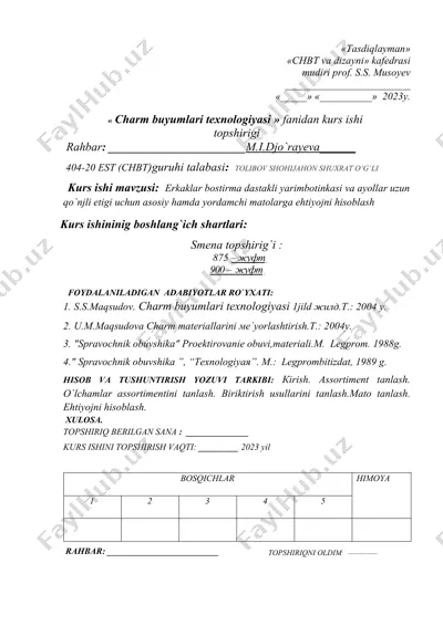 charm buyumlari texnologiyasi fanidan kurs ishi topshirigi — DOCX