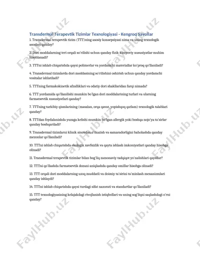 transdermal terapevtik tizimlar texnologiyasi - kengroq savollar — DOCX