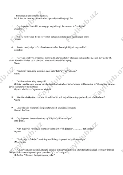 psixologiya fanining asosiy mazkuratlari — DOC