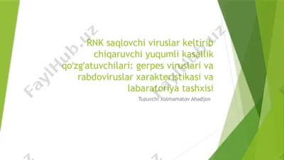 rnk saqlovchi viruslar keltirib chiqaruvchi yumlikasallik qo‘zg‘atuvchilari: gerpesviruslari, varabdoviruslar xarakteristikasi va laboratoriyat ashxosi — PPTX