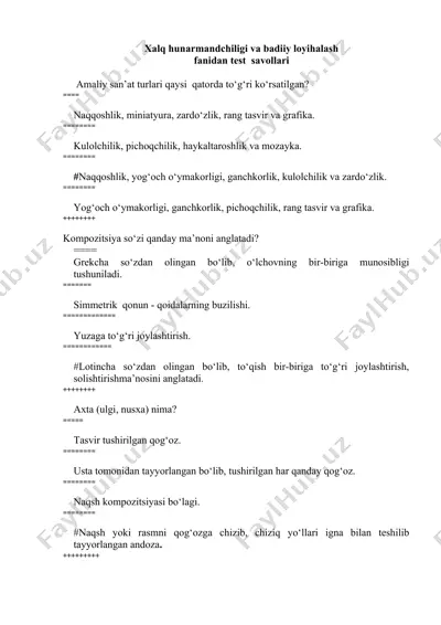 xalq hunarmandchiligi va badiiy loyihalash fanidan test savollari — DOCX