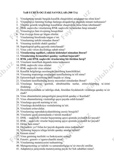 virusologiya (yab uchun og‘zaki savollar - 300 ta) — DOCX