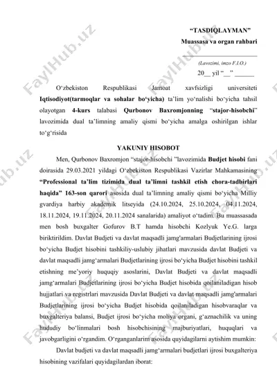 stajor-hisobchi lavozimi bo'yicha hisobot — DOCX
