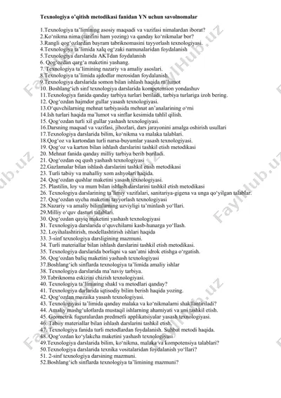 texnologiya o’qitish metodikasi fanidan yn uchun savolnomalar — DOC