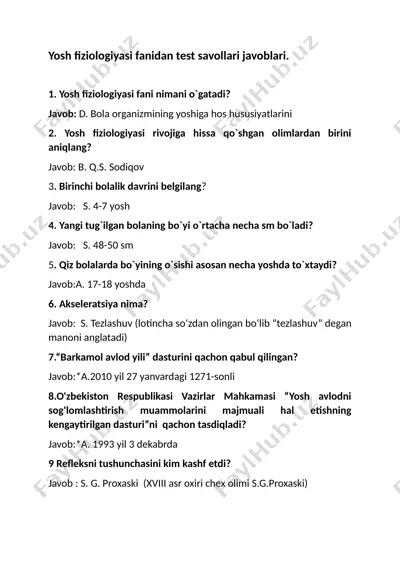 yosh fiziologiyasi fanidan test savollari javoblari — DOCX