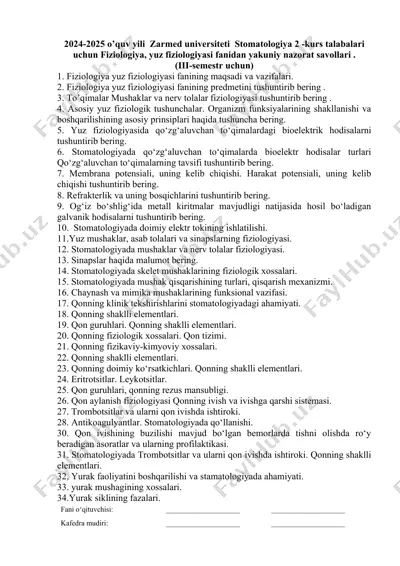 fiziologiya, yuz fiziologiyasi fanidan yakuniy nazorat savollari — DOCX