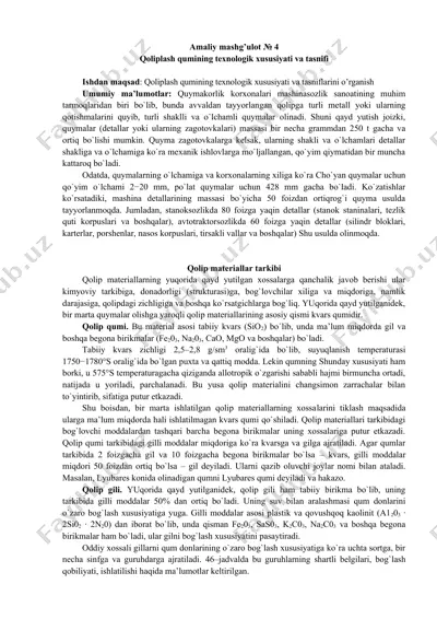 qoliplash qumining texnologik xususiyati va tasnifi — DOCX