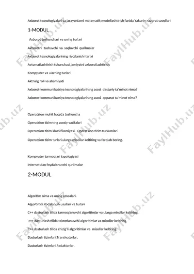 axborot texnologiyalari va jarayonlarni matematik modellashtirish fanida yakuniy nazorat savollari — DOCX
