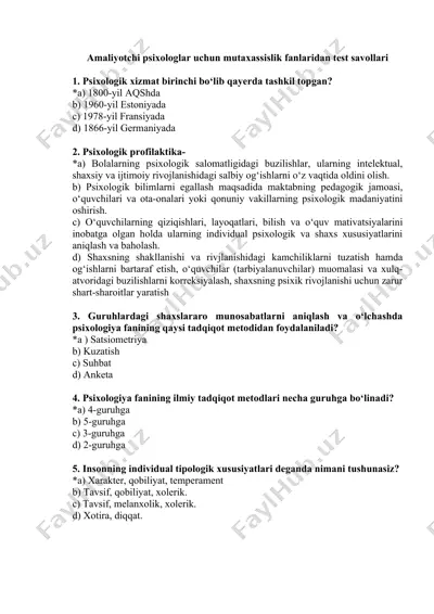 amaliyotchi psixologlar uchun mutaxassislik fanlaridan test savollari — DOC