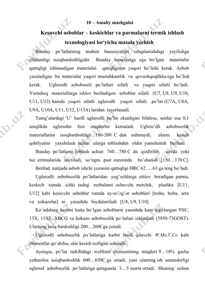 kesuvchi asboblar – keskichlar va parmalarni termik ishlash texnologiyasi bo‘yicha masala yechish — DOCX