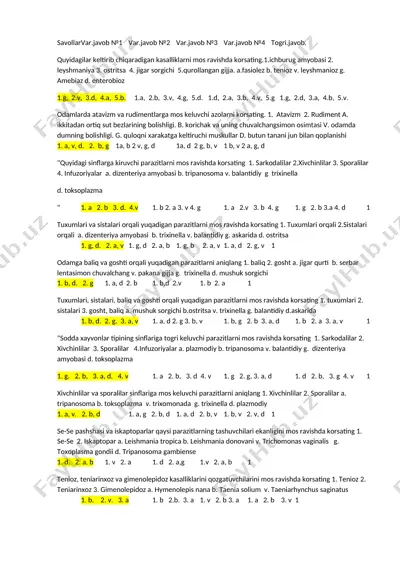 parazitlar mavzusidagi test savollar — DOCX