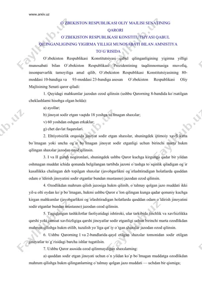o`zbekiston respublikasi konstitutsiyasi qabul qilinganligining yigirma yilligi munosabati bilan amnistiya to`g`risida — DOC
