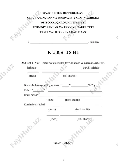 kurs ishi - amir temur va temuriylar davrida savdo va pul munosabatlari — DOCX
