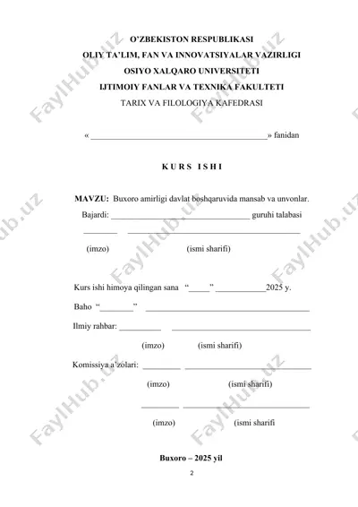 buxoro amirligi davlat boshqaruvida mansab va unvonlar kurs ishi — DOCX