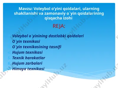voleybolo’yiniqoidalari,ularningshakllanishivazamonaviyo`yinqoidalariningqisqachaizohi — PPTX