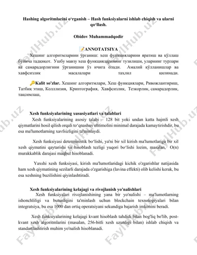 hashing algoritmlarini o‘rganish — DOCX