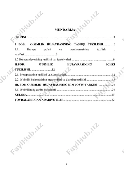 o‘simlik hujayrasi tuzilishi va kimyoviy tarkibi — DOCX