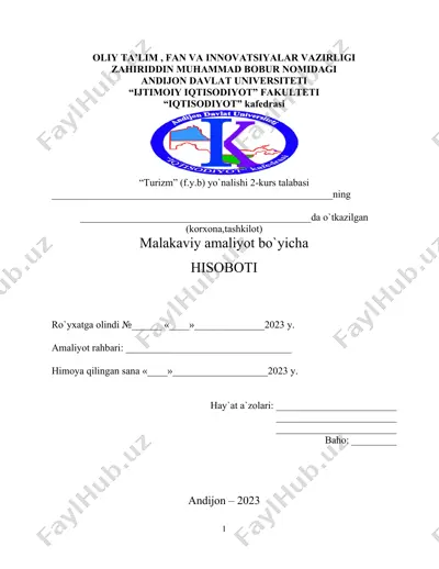 andijon davlat universiteti "turizm" (f.y.b.) yo`nalishi 2-kurs talabasi malakaviy amaliyot bo`yicha hisoboti — DOCX