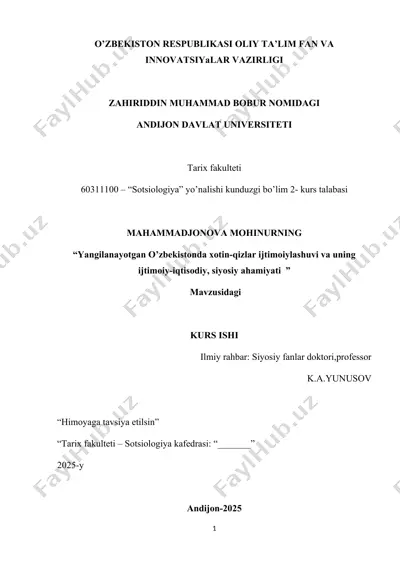 "yangilanayotgan o’zbekistonda xotin-qizlar ijtimoiylashuvi va uning ijtimoiy-iqtisodiy, siyosiy ahamiyati" kurs ishi — DOCX