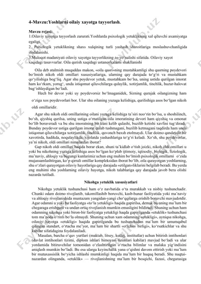 yoshlarni oilaiy xayotga tayyorlash — DOCX