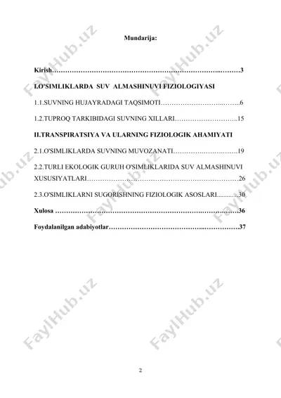 o'simliklarda suv almashinuvi fiziologiyasi — DOCX