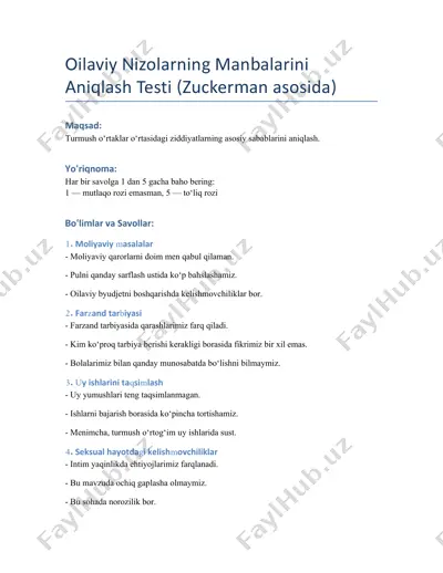 oilaviy nizolarning manbalarini aniqlash testi — DOCX