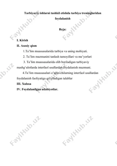 tarbiyaviy ishlarni tashkil etishda tarbiya treninglaridan foydalanish — DOC