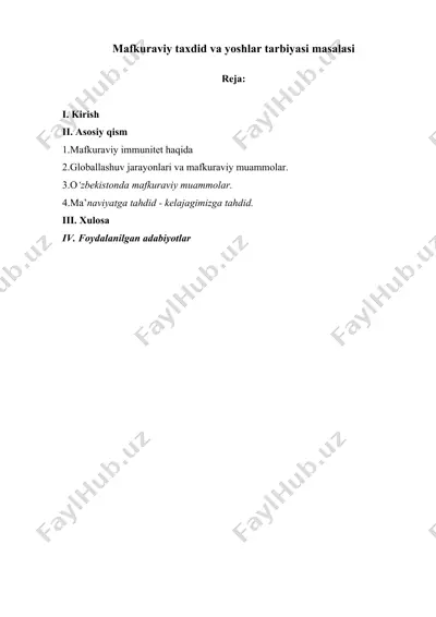 mafkuraviy taxdid va yoshlar tarbiyasi masalasi — DOCX