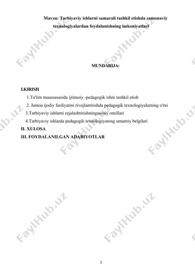 tarbiyaviy ishlarni samarali tashkil etishda zamonaviy texnalogiyalardan foydalanishning imkoniyatlari — DOCX