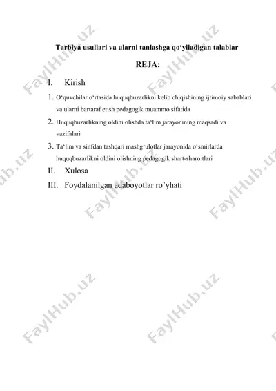 tarbiya usullari va ularni tanlashga qo‘yiladigan talablar — DOCX