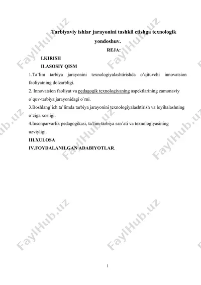 tarbiyaviy ishlar jarayonini tashkil etishga texnologik yondoshuv — DOC