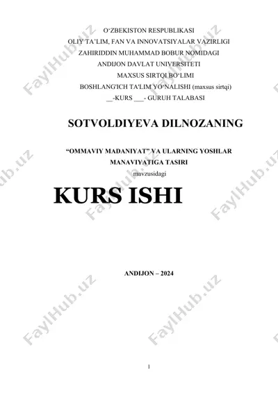 "ommaviy madaniyat va ularning yoshlar manaviyati" — DOCX