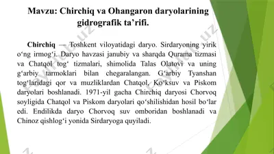 chirchiq va ohangarondaryolari ning gidrografik ta'rifi — PPTX