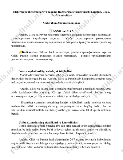 elektron bank xizmatlari va raqamli transformatsiyaning hisobi (apelsin, click, payme misolida) — DOCX