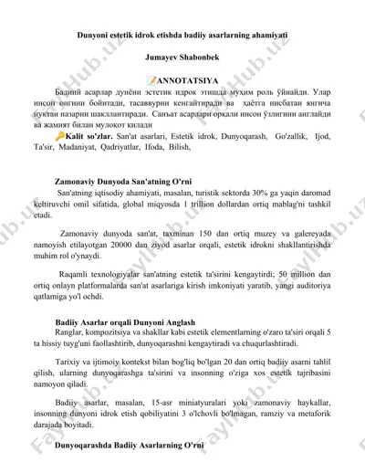 dunyoni estetik idrok etishda badiiy asarlarning ahamiyati — DOCX