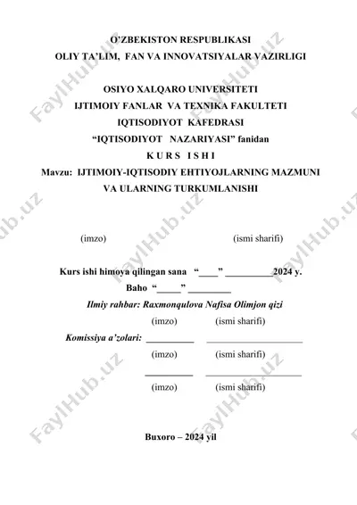 ijtimoiy-iqtisodiy ehtiyojlarning mazmuni va ularning turkumlanishi — DOCX