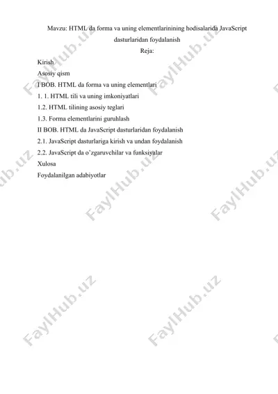 html da forma va uning elementlarinining hodisalarida javascript dasturlaridan foydalanish — DOCX