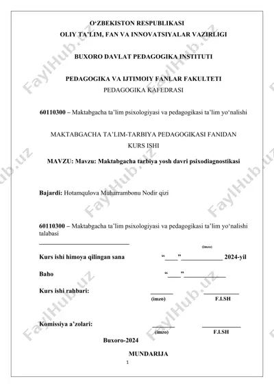 maktabgacha tarbiya yosh davri psixodiagnostikasi — DOCX