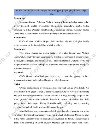 gʻafur gʻulom va abdulla oripov lirikasini qiyosiy tipologik yoʻsinda tadqiq qilish — DOCX