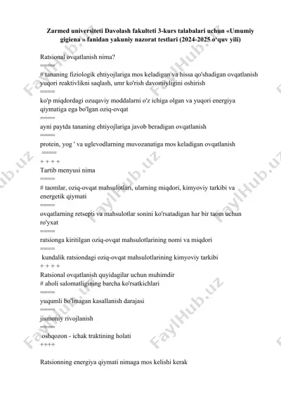 umumiy gigiena fanidan yakuniy nazorat testlari (2024-2025 o‘quv yili) — DOCX