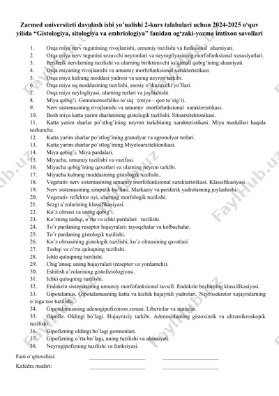 gistologiya, sitologiya va embriologiya fanidan og‘zaki-yozma imtixon savollari — DOCX
